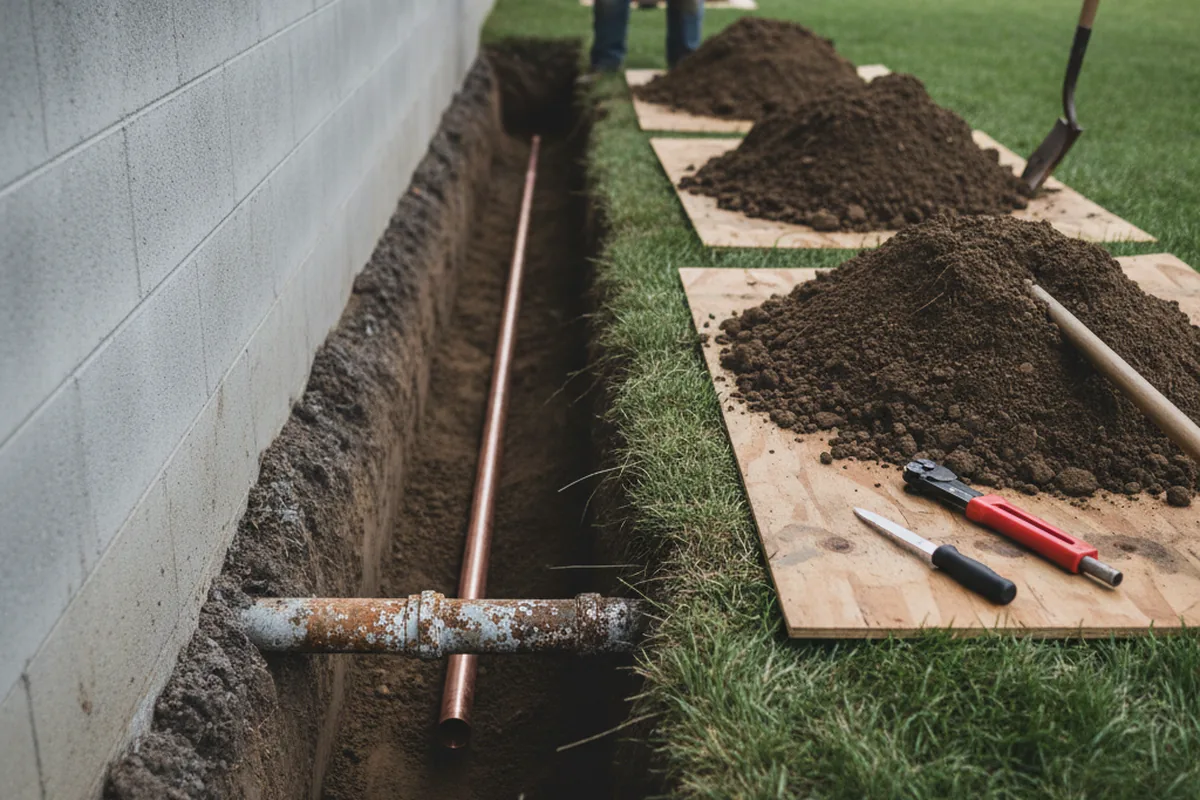 Excavated water line trench during Sewer Line Repair in Bryceville